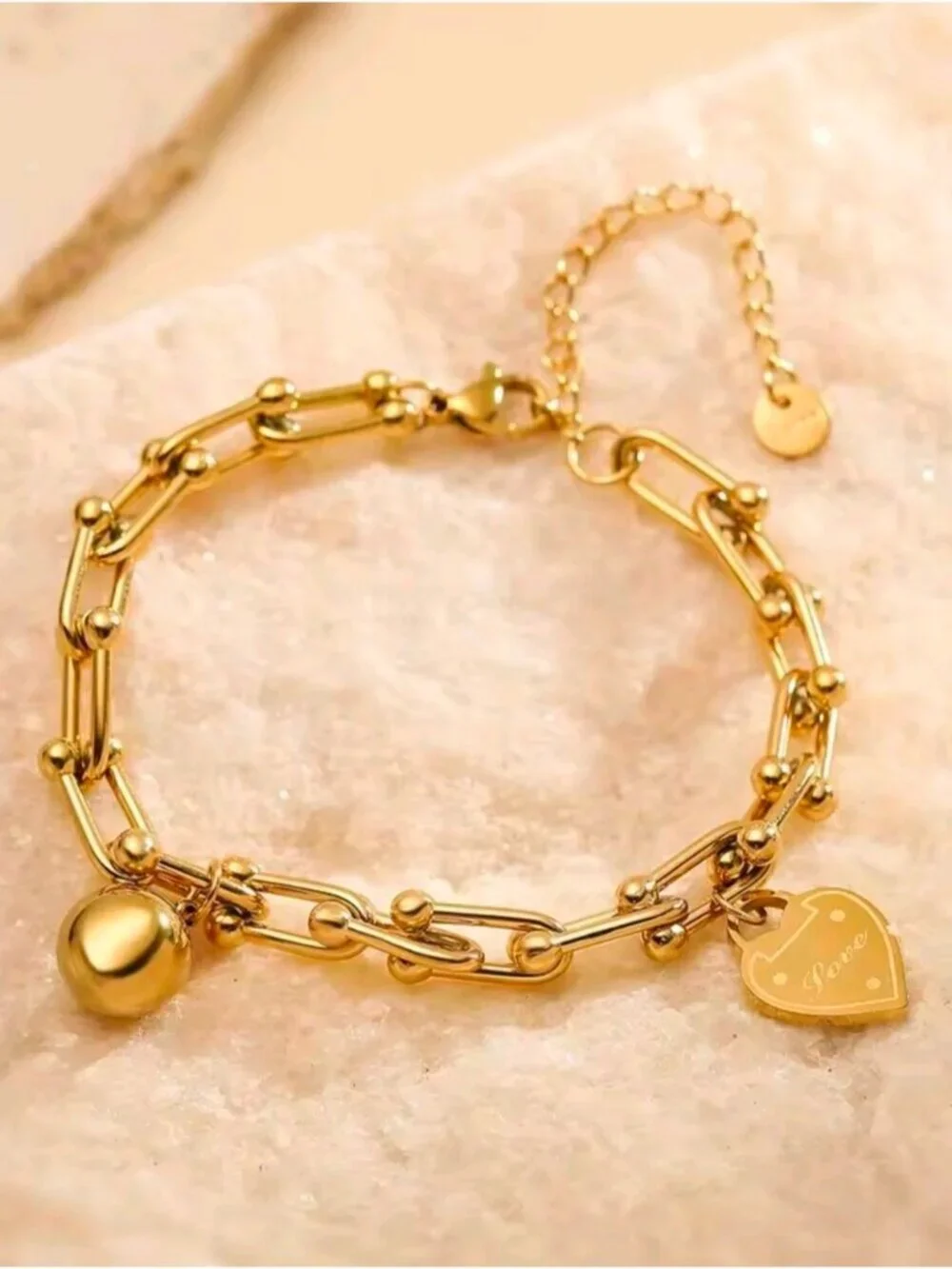 Polished Gold Heart & Sphere Link Bracelet